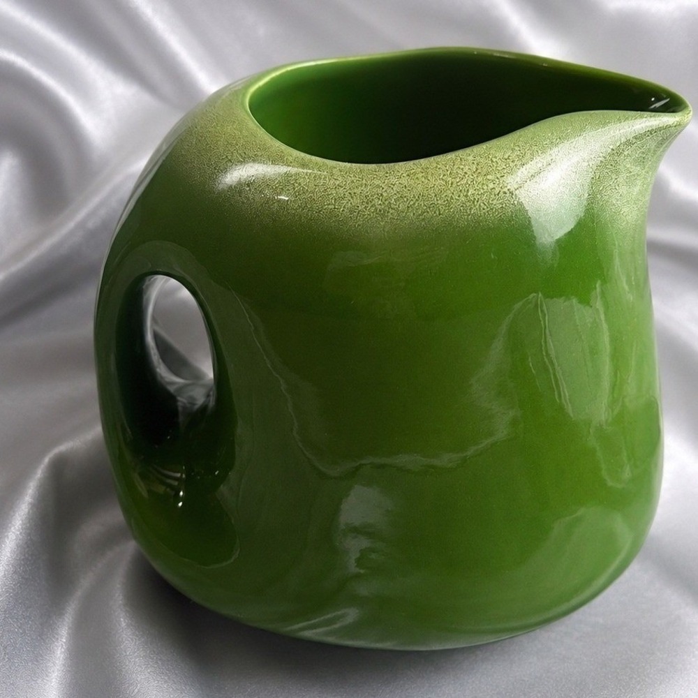Vintage Tamac Pottery MCM Pitcher Avocado Green Biomorphic Jug Perry Oklahoma 8"